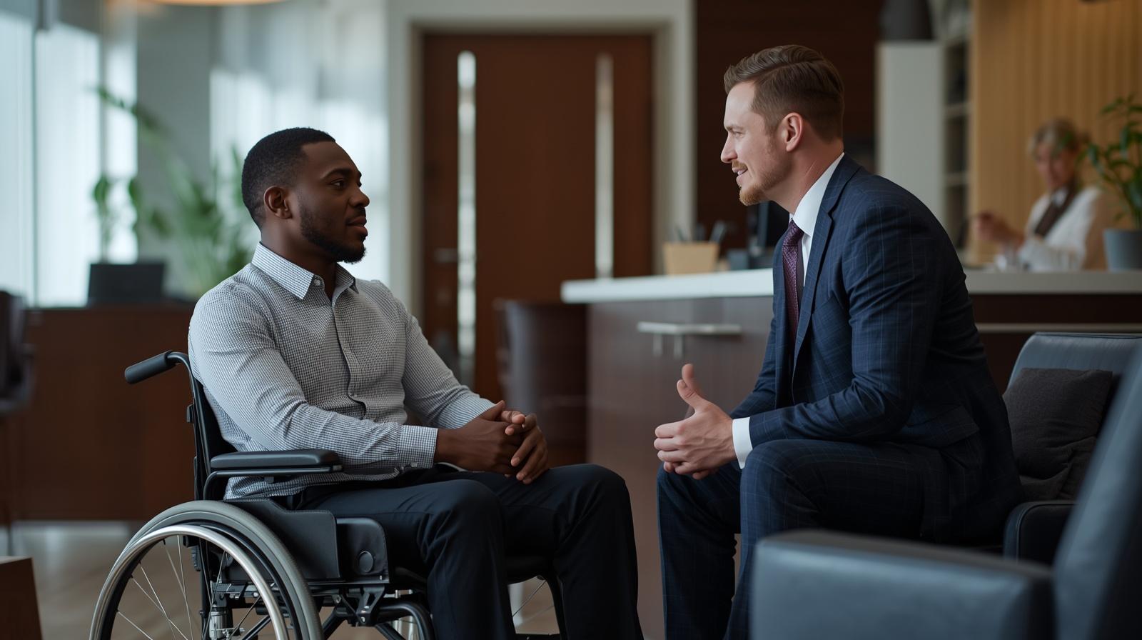 An African American man in a wheelchair is in earnest conversation with a Caucasian man in a well-lit, professional bank office. The scene is captured in a medium shot, focusing on their interaction and the subtle details of the office environment, such as polished wood and contemporary decor.